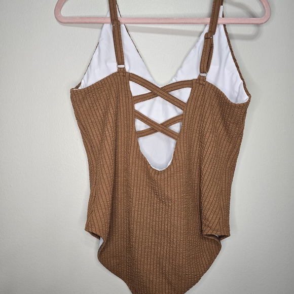 Brown Ribbed One Piece Swimsuit Large - Picture 2 of 3